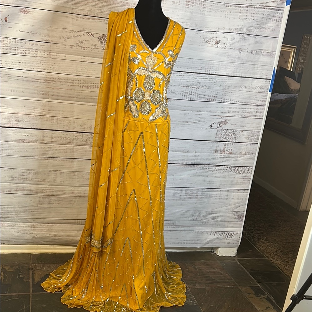 Stunning Saffron Yellow and Silver Embellished Gown and Sari Scarf
